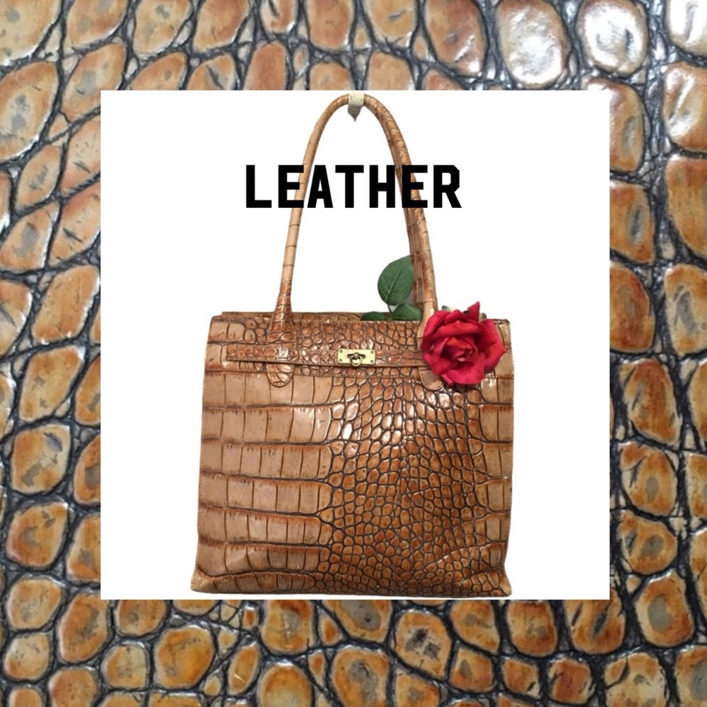 BAG P&Y Preston & York Embossed leather croc print tan rust TOTE EUC